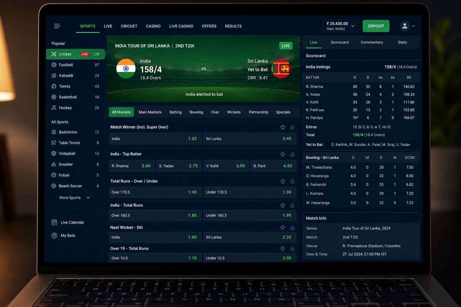 Tigerexch online cricket betting platform dashboard showing live match odds