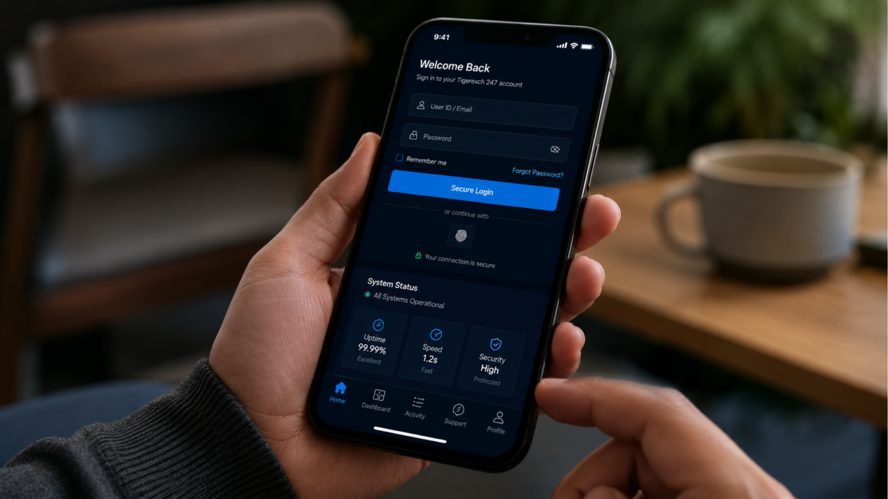 User holding smartphone displaying Tigerexch 247 mobile dashboard and secure login screen