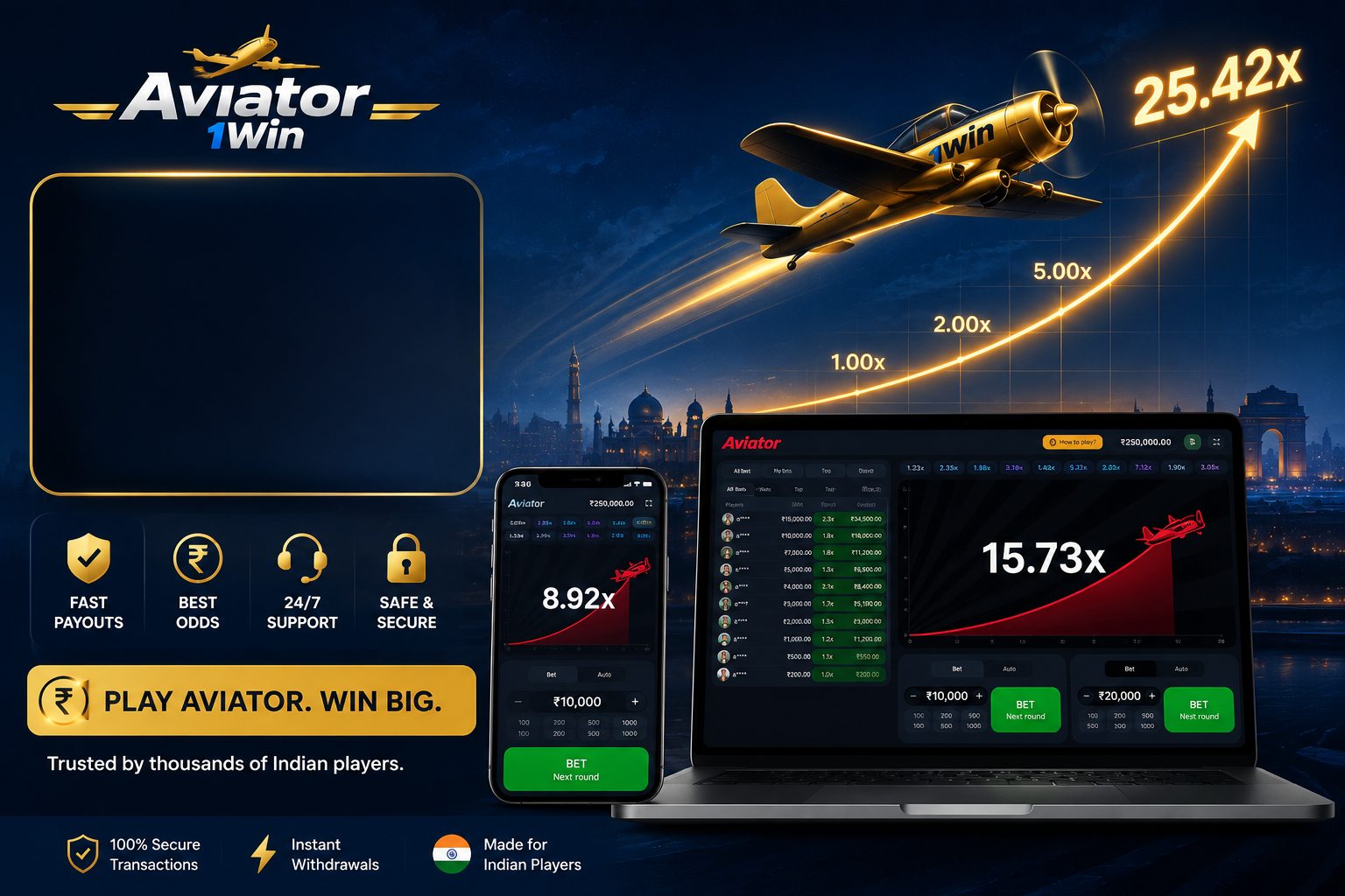 Aviator 1Win India online betting game interface