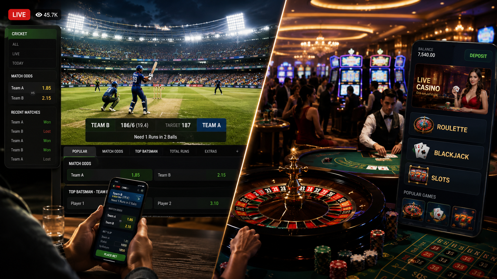 Split view showing cricket stadium with betting odds and casino table with roulette, blackjack, and slot machines