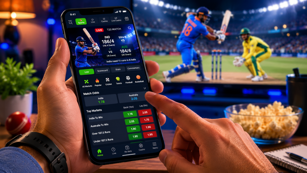 User viewing live cricket betting odds, match statistics, and sports betting markets on a smartphone during a cricket match.