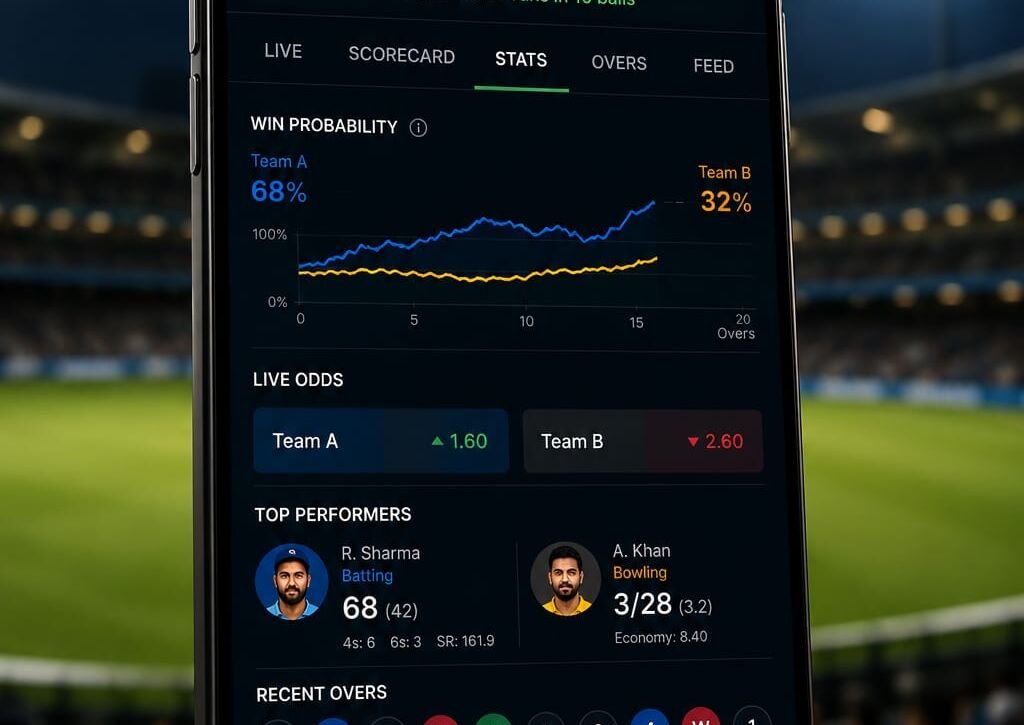 Smartphone screen displaying live cricket match statistics, changing odds, and real-time performance data during a match