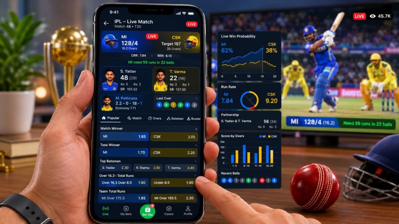 Live cricket betting odds and match statistics displayed on a mobile betting app during an IPL match