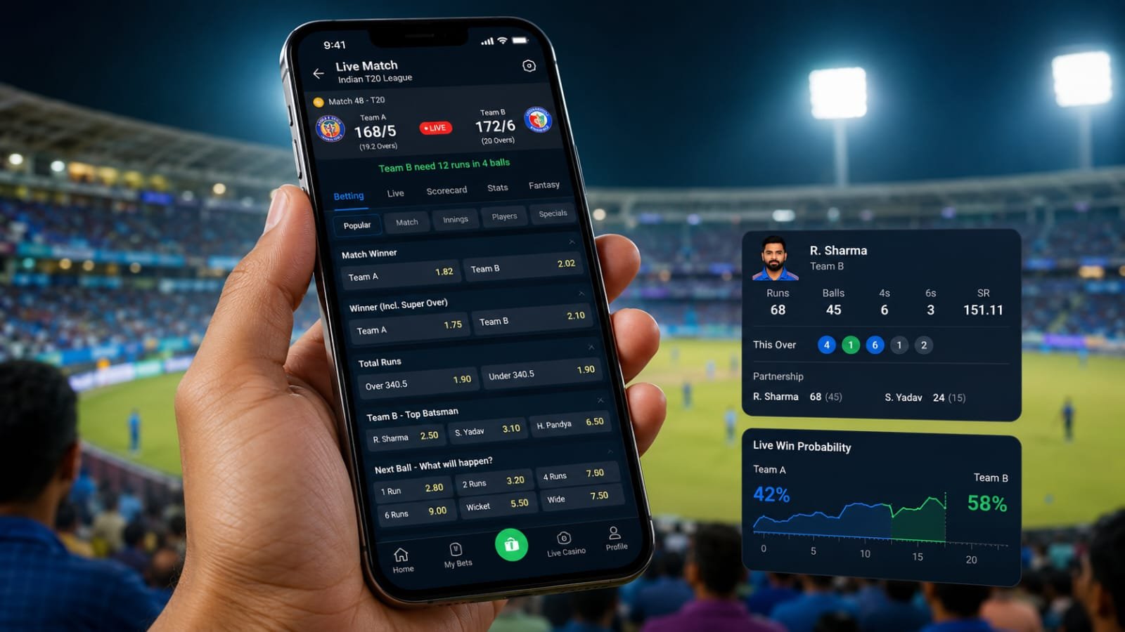 Indian cricket betting app showing live IPL match odds, score updates, and player statistics on a smartphone