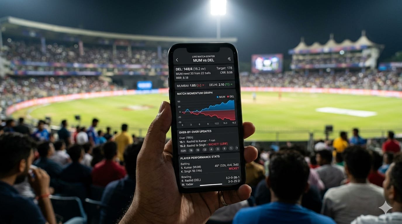 Smartphone screen showing live cricket betting odds, match updates, and performance statistics during an ongoing game