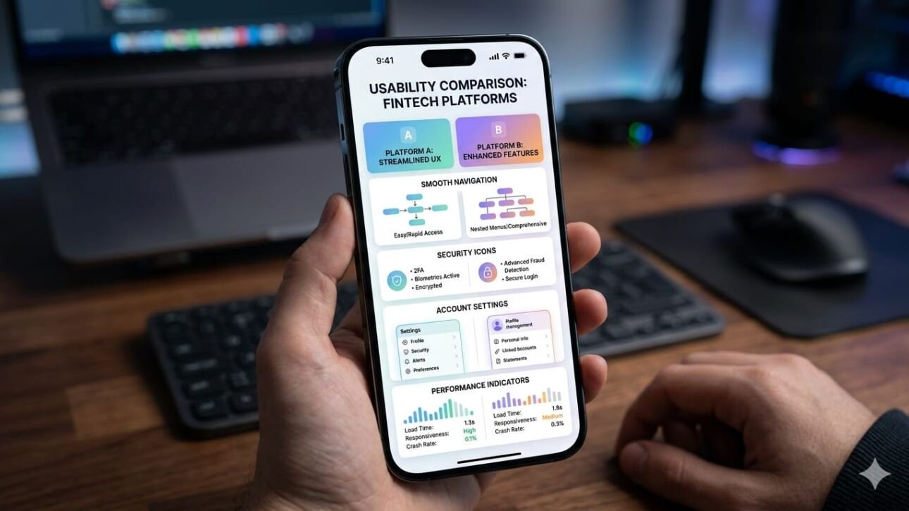 Smartphone screen showing mobile platform usability, navigation menus, and security features in a clean UI design