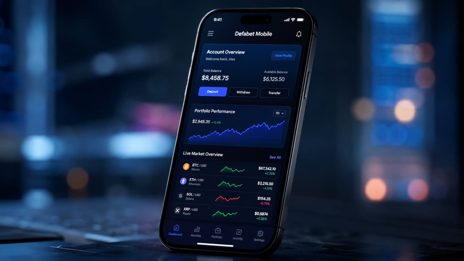 Modern Defabet Mobile interface showing smartphone dashboard with clean UI and account overview
