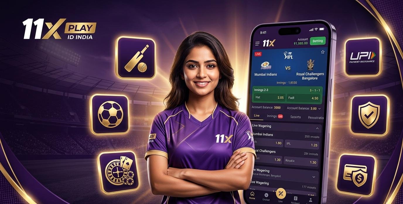 Young woman promoting 11x Play ID with live cricket betting dashboard on smartphone