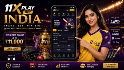 Glamorous female model promoting 11x Play Bet India with live cricket betting dashboard on smartphone