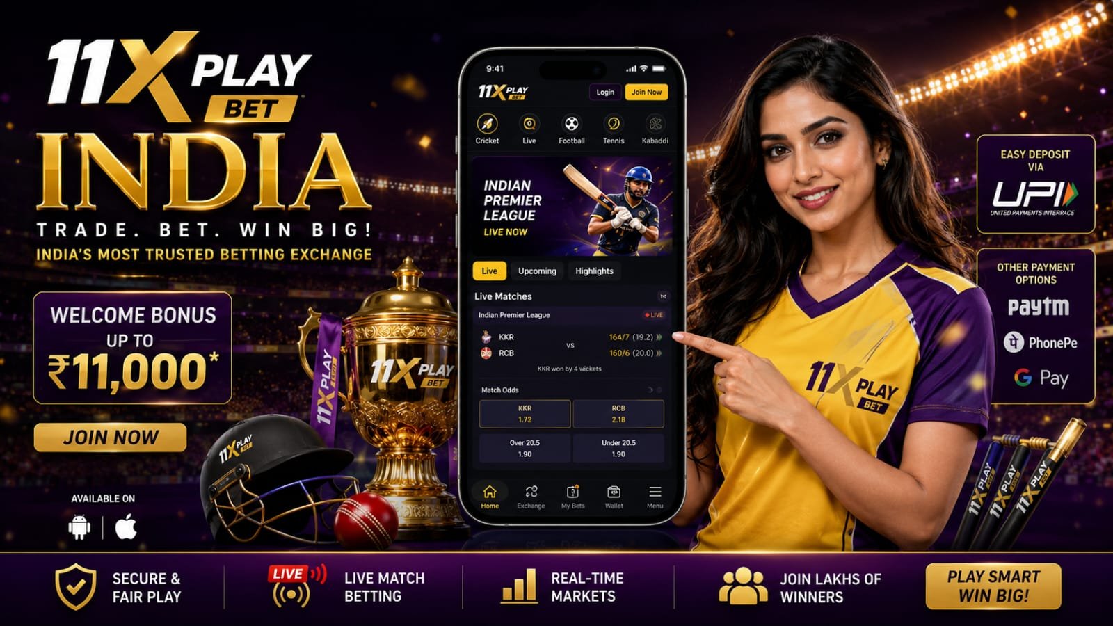 Glamorous female model promoting 11x Play Bet India with live cricket betting dashboard on smartphone