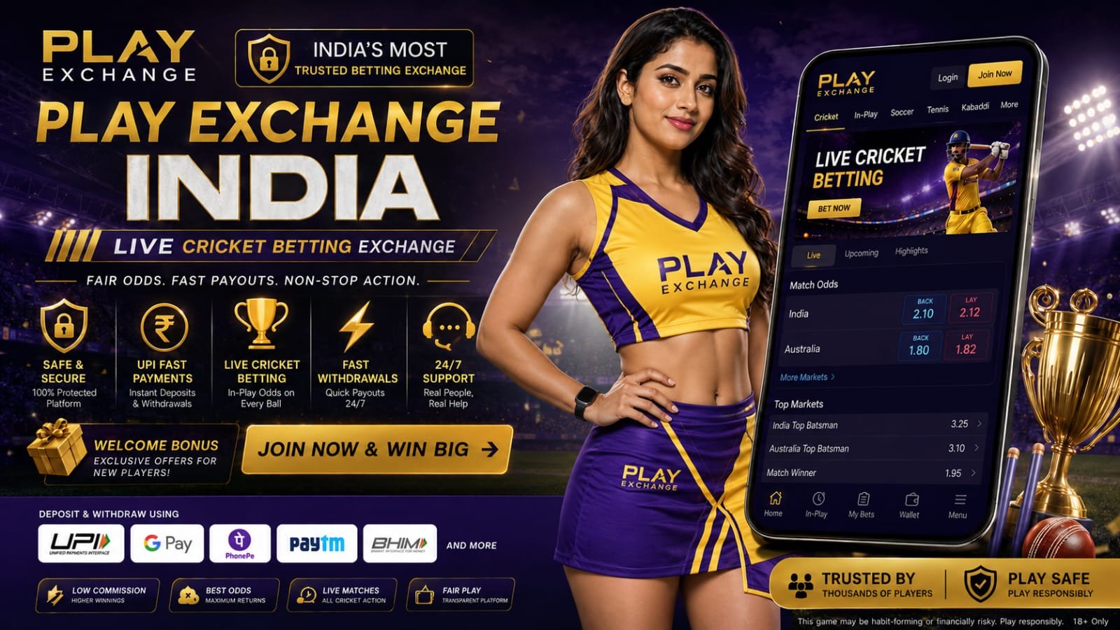 Adult female sports promoter with Play Exchange betting dashboard and cricket betting interface